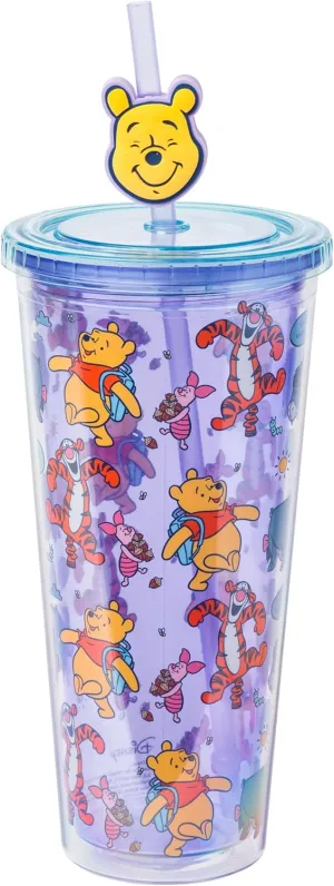 Silver Buffalo Disney Winnie the Pooh Best Adventures Featuring Tigger, Piglet, and Eeyore Plastic Cold Cup with Lid and Topper Straw, 24 Ounces