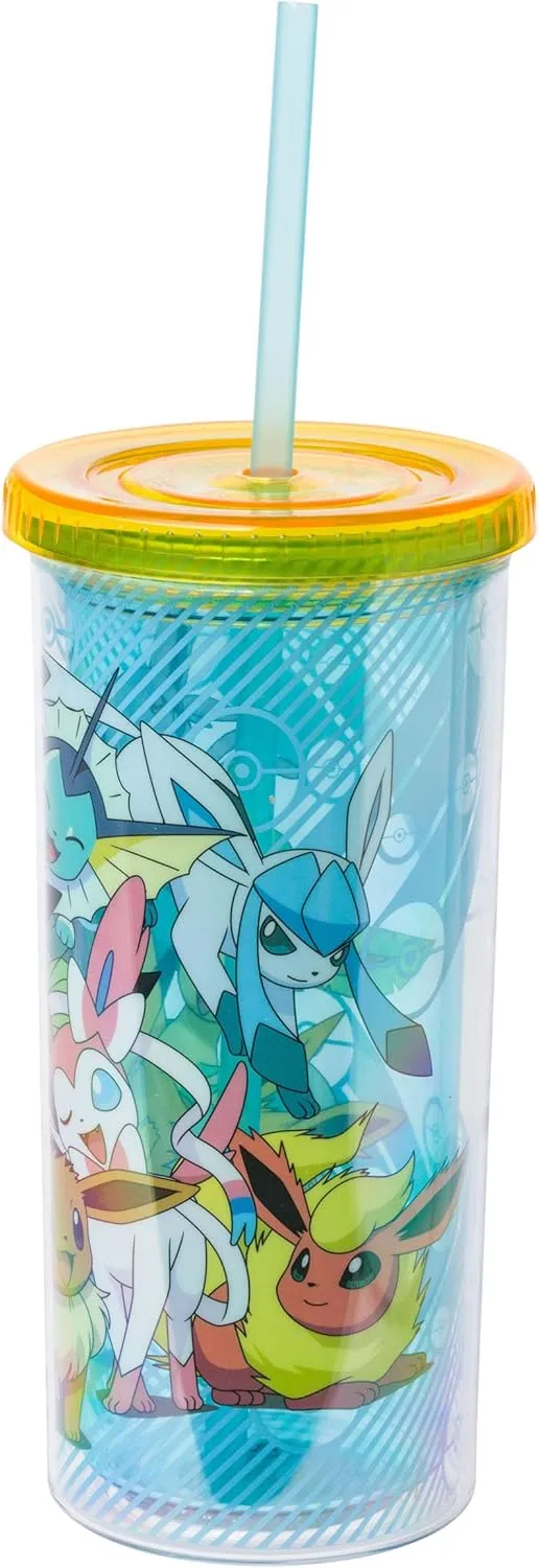 Silver Buffalo Eevee and Pikachu Plastic Tall Cold Cup with Lid and Straw, 20 Ounces