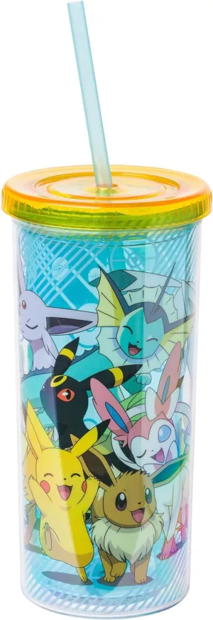 Silver Buffalo Eevee and Pikachu Plastic Tall Cold Cup with Lid and Straw, 20 Ounces