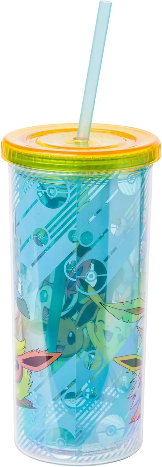 Silver Buffalo Eevee and Pikachu Plastic Tall Cold Cup with Lid and Straw, 20 Ounces