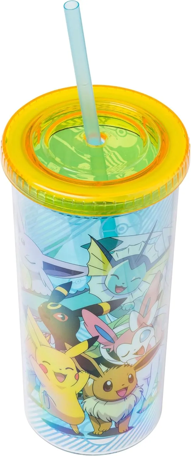 Silver Buffalo Eevee and Pikachu Plastic Tall Cold Cup with Lid and Straw, 20 Ounces
