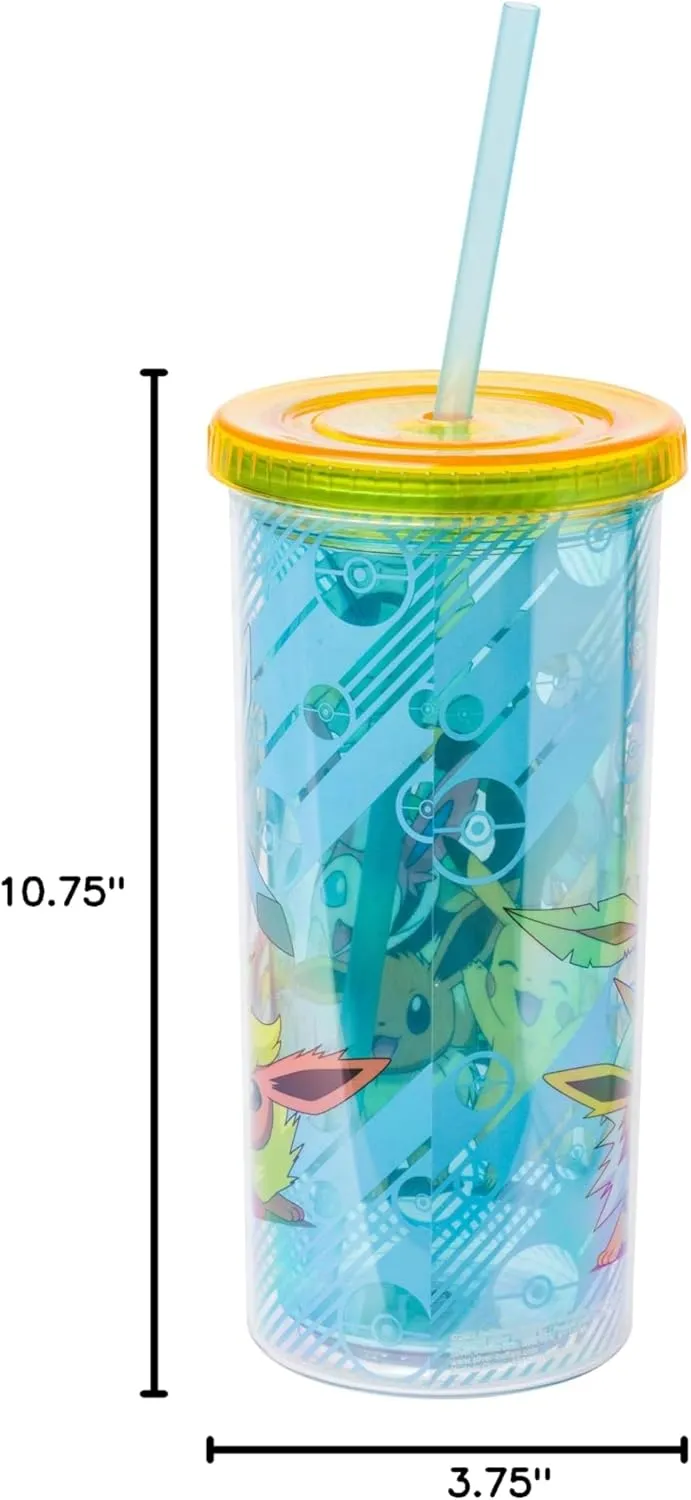 Silver Buffalo Eevee and Pikachu Plastic Tall Cold Cup with Lid and Straw, 20 Ounces