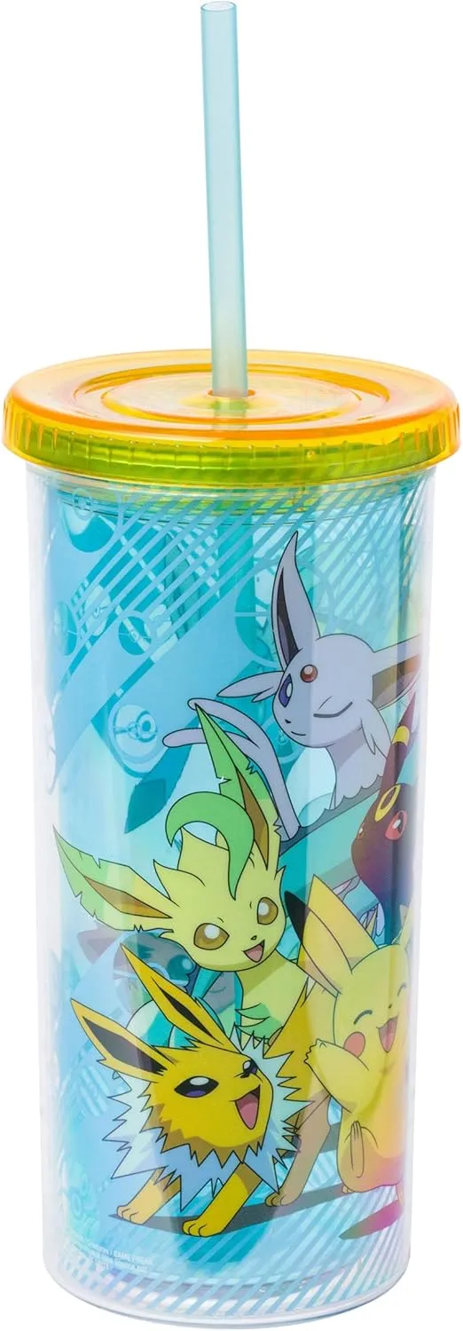 Silver Buffalo Eevee and Pikachu Plastic Tall Cold Cup with Lid and Straw, 20 Ounces