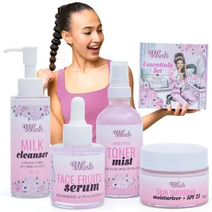 Skin Care Set For Teens (Plant-Based Facial Skincare Kit) Girl's Youth Milk Cleanser, Rose Petal Toner, Face Fruits Serum, & SPF 25 Moisturizer For Acne Relief - Preteen Kids 10-12, Teen and Up