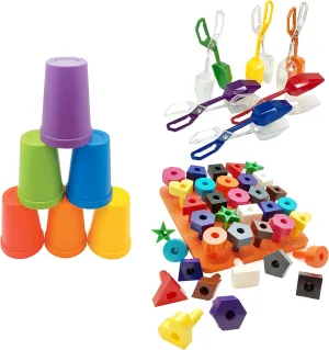 Skoolzy Shapes Puzzle - Stacking Cups - Rainbow Color Sorting Tongs
