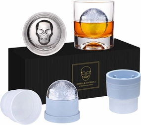 Skull Whiskey Rocks Glass, Set of 4 (2 Crystal Bourbon Glasses, 2 Big Ice Ball Molds) In Gift Box - 10 Oz Old Fashioned Glasses for Scotch Cocktail Rum Cognac Vodka Liquor, Unique Gifts for Men