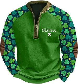 Slaince Letter Graphic Mens Zipper Polo Shirt Patchwork Shamrock Prints Long Sleeve Fall Fashion Collared Sweatshirt