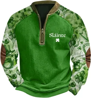 Slaince Letter Graphic Mens Zipper Polo Shirt Patchwork Shamrock Prints Long Sleeve Fall Fashion Collared Sweatshirt