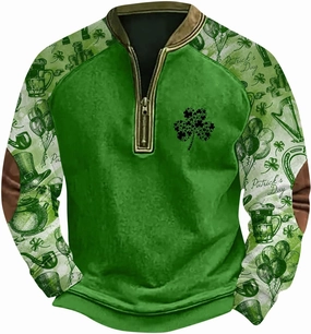 Slaince Letter Graphic Mens Zipper Polo Shirt Patchwork Shamrock Prints Long Sleeve Fall Fashion Collared Sweatshirt