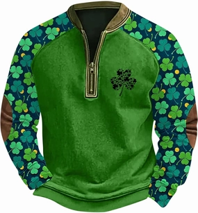 Slaince Letter Graphic Mens Zipper Polo Shirt Patchwork Shamrock Prints Long Sleeve Fall Fashion Collared Sweatshirt