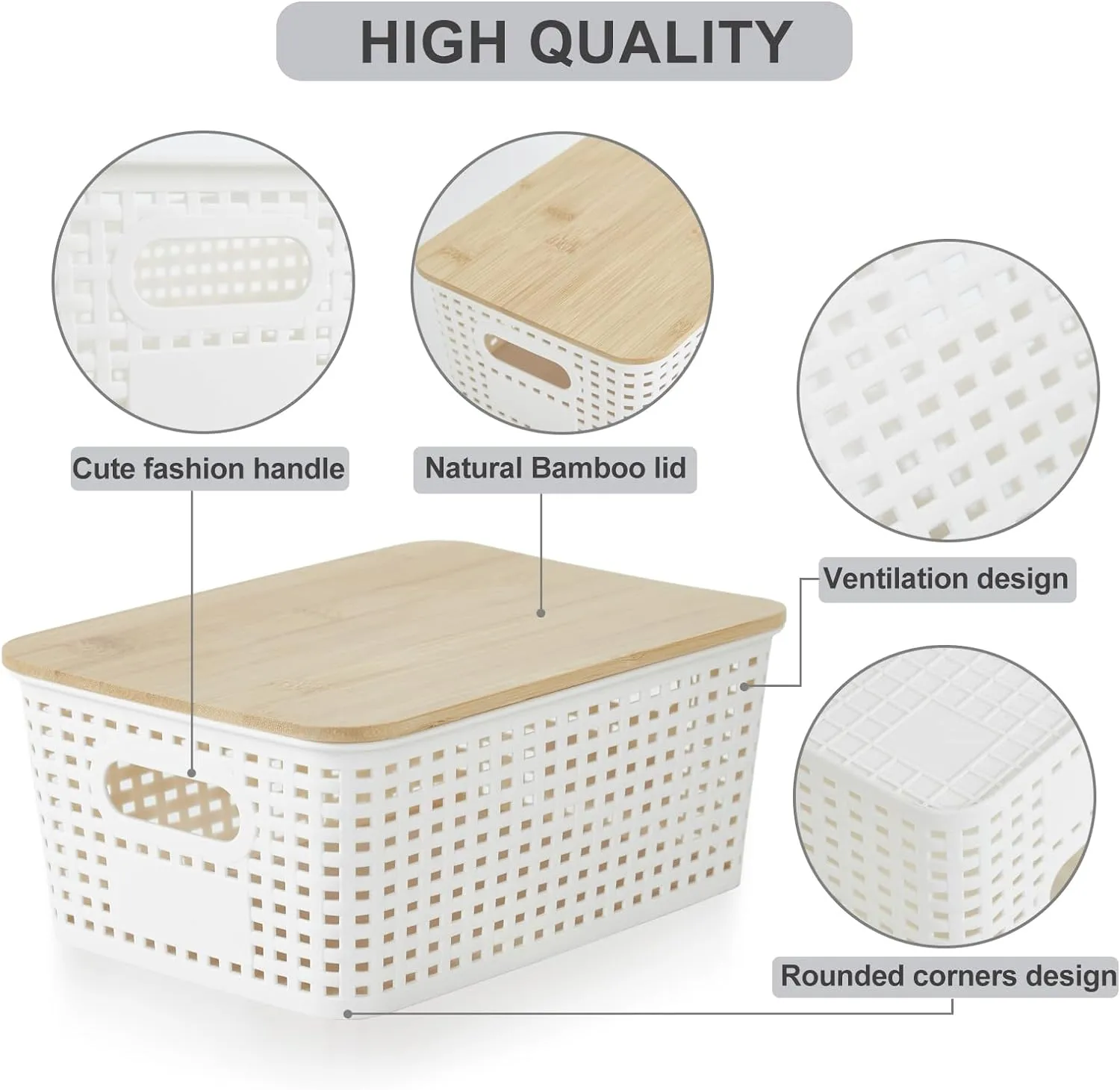 Small Plastic Storage Bins with Bamboo Lids 5.2qt Stackable Box Basket Pantry Decorative Containers Cute with Lable for Organizing Desktop Closet Office Cream White of 6 packs 10*7.2*4.1'’
