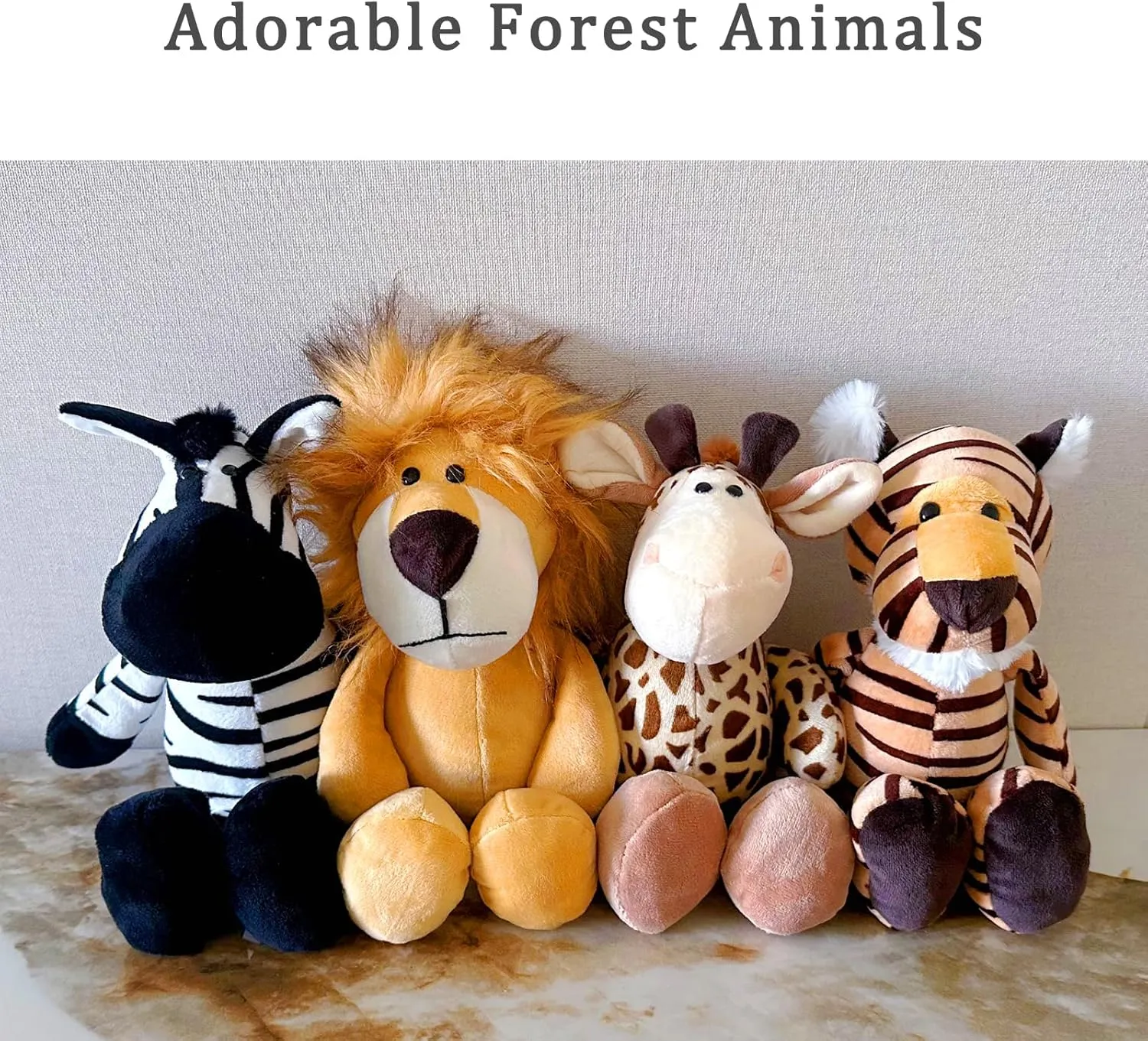 Small Plush Forest Animal Toys Set, 4 Stuffed Safari Animals, Monkey Elephant Giraffe Zebra Tiger Lion (Classic 1)