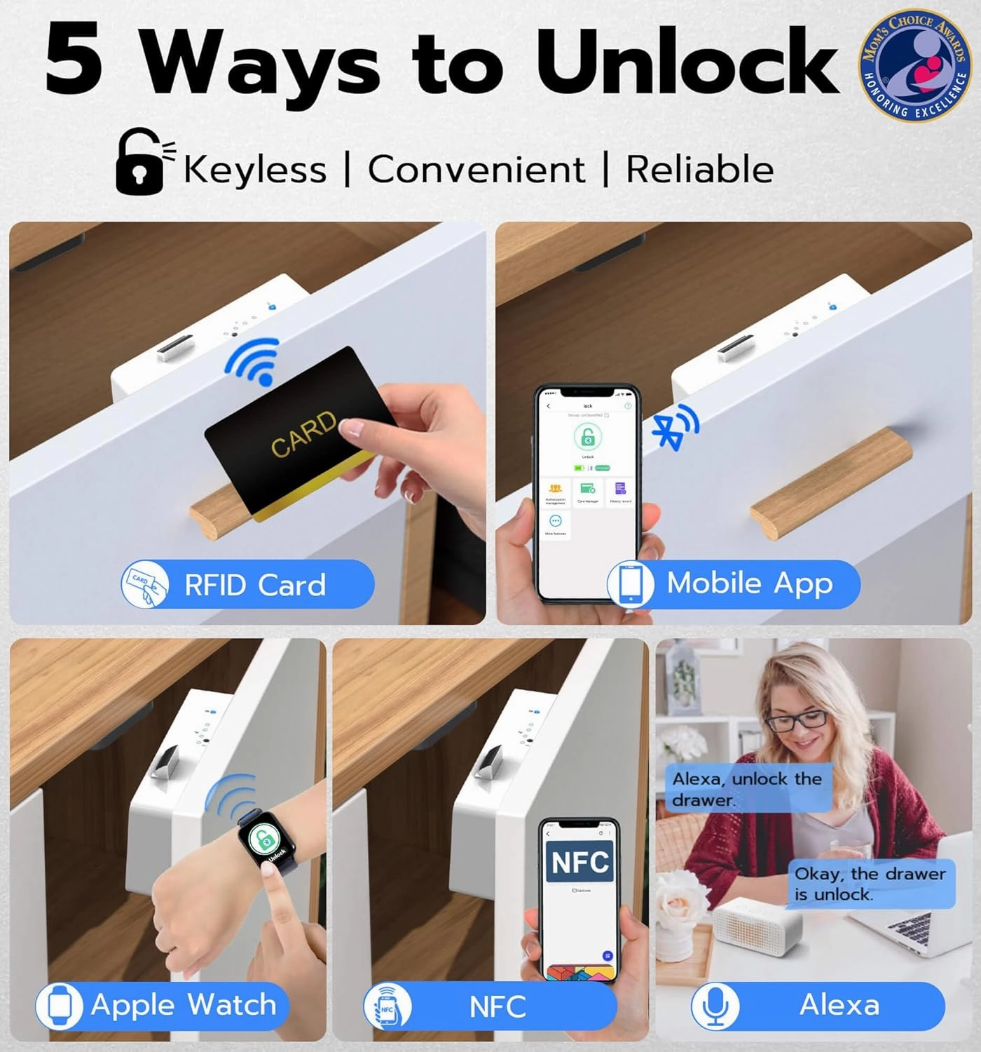 Smart Cabinet Lock, Anweller Hidden No Drill Adhesive Magnetic Baby Proofing Child Proof Drawer Locks, Keyless RFID Bluetooth Cabinet Locks for Adults File Kitchen Cupboard Closet Liquor - White