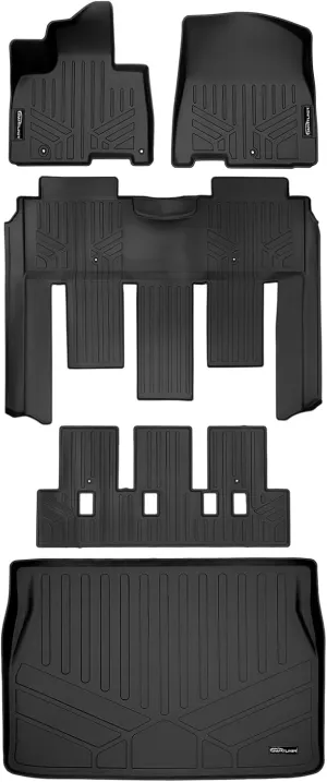 SMARTLINER Custom Fit Black 3 Row & Cargo Liner Behind the 2nd Row Floor Liner Set Compatible With 2022-2025 Kia Carnival (Only Fits 7 Passenger Models. Fits SX Prestige with 2nd Row VIP lounge seats)