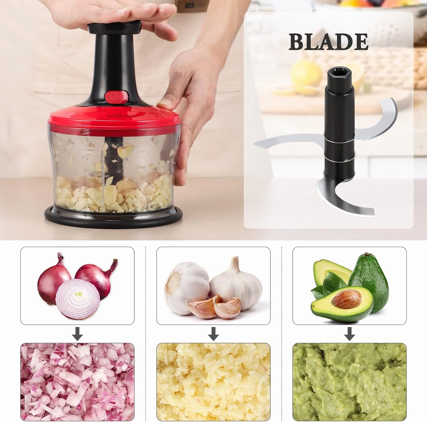 Smile mom Vegetable Chopper Food Chopper, Quick Hand Press Chopper Dicer, Pro Food Cutter, Easy to Chop Vegetables, Fruits, Herbs, Salsa, Puree, Pesto, ABS Food Grade Material 1.2L Red
