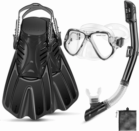 Snorkeling Gear for Adults, 4 in 1 Adult Snorkel Set with Panoramic View Snorkel Mask, Dry Top Snorkel, Adjustable Short Fins and Travel Bag, Snorkel Set with Fins for Snorkeling Diving