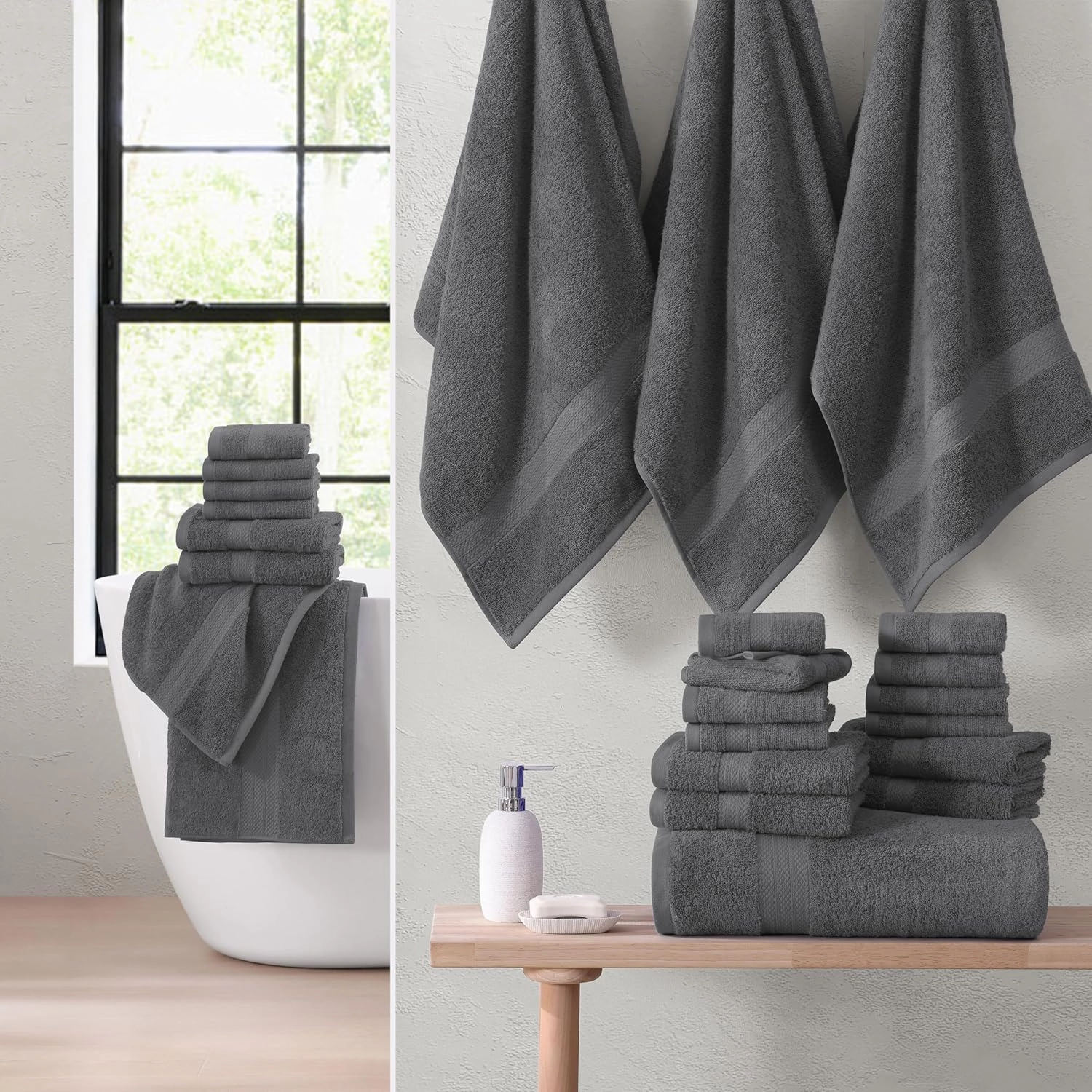 SNOWDROP Grey Bath Towel Set - 2 Large Bath Towels, 4 Hand Towels, 4 Wash Cloths, Yoga Towel, Pool Towel, 2 Hair Towels, 10 Piece Set