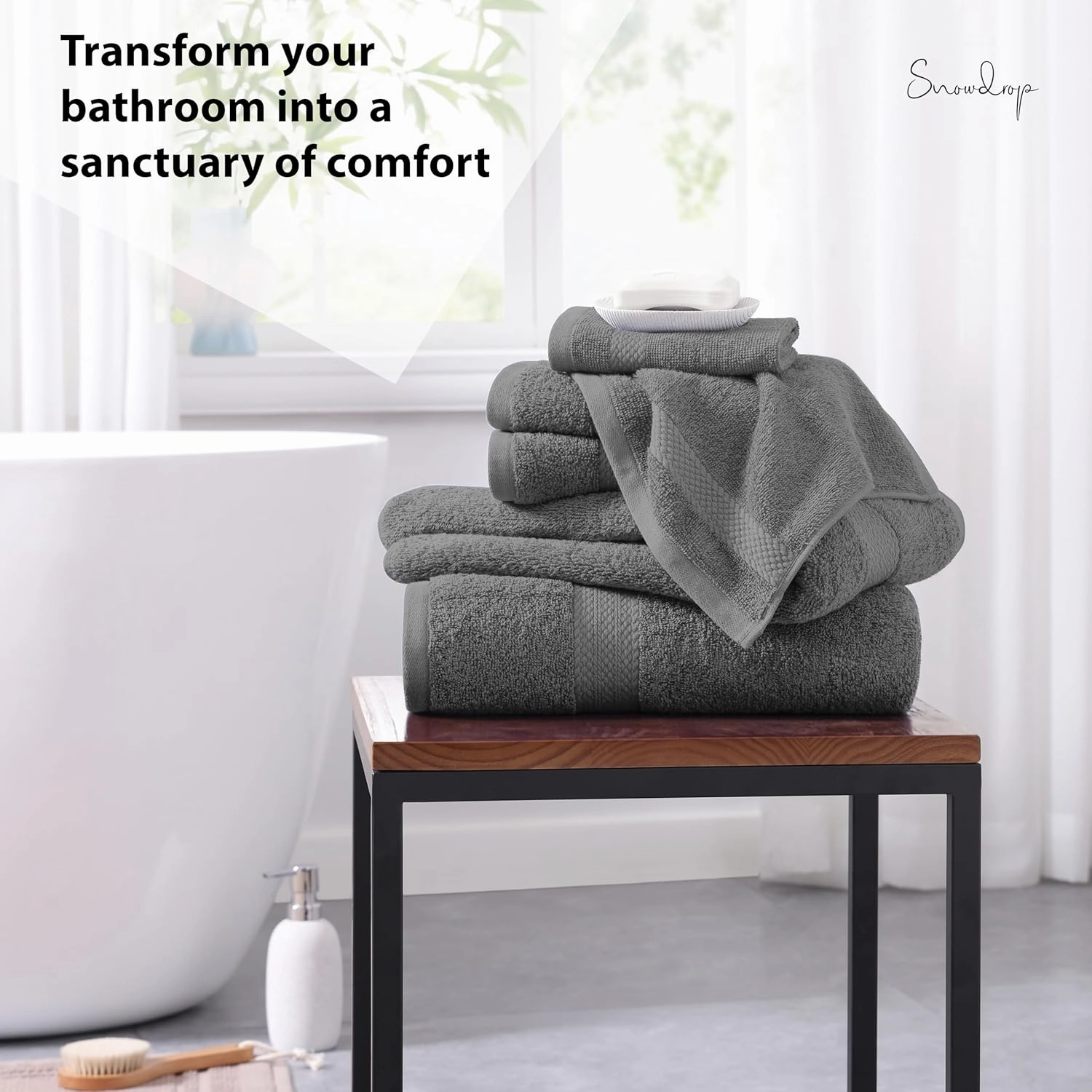 SNOWDROP Grey Bath Towel Set - 2 Large Bath Towels, 4 Hand Towels, 4 Wash Cloths, Yoga Towel, Pool Towel, 2 Hair Towels, 10 Piece Set