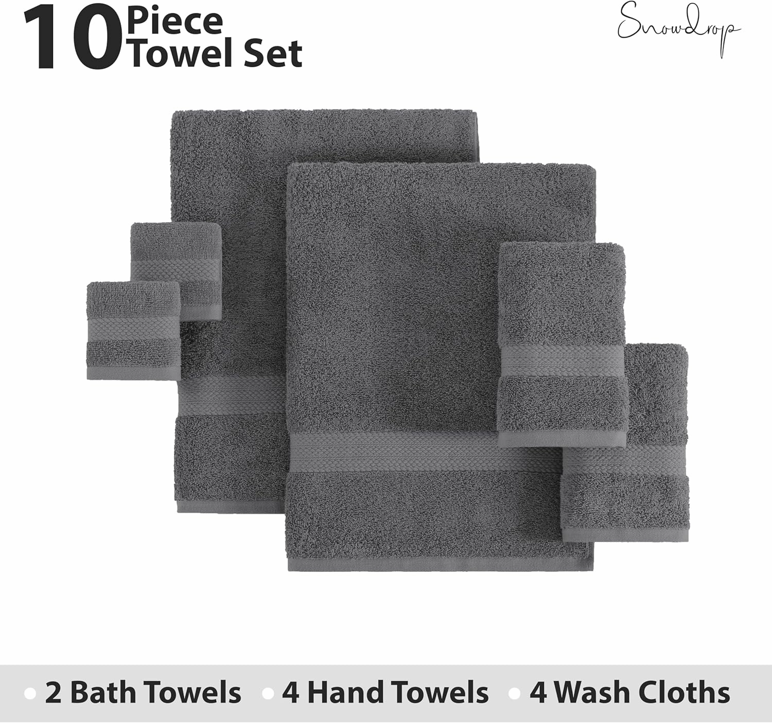 SNOWDROP Grey Bath Towel Set - 2 Large Bath Towels, 4 Hand Towels, 4 Wash Cloths, Yoga Towel, Pool Towel, 2 Hair Towels, 10 Piece Set