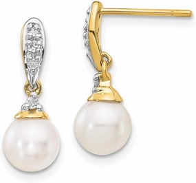 Solid Real 14k Yellow Gold 6-7mm White Round Freshwater Cultured Pearl .08ct Diamond Dangle Earrings - 17mm x 6mm