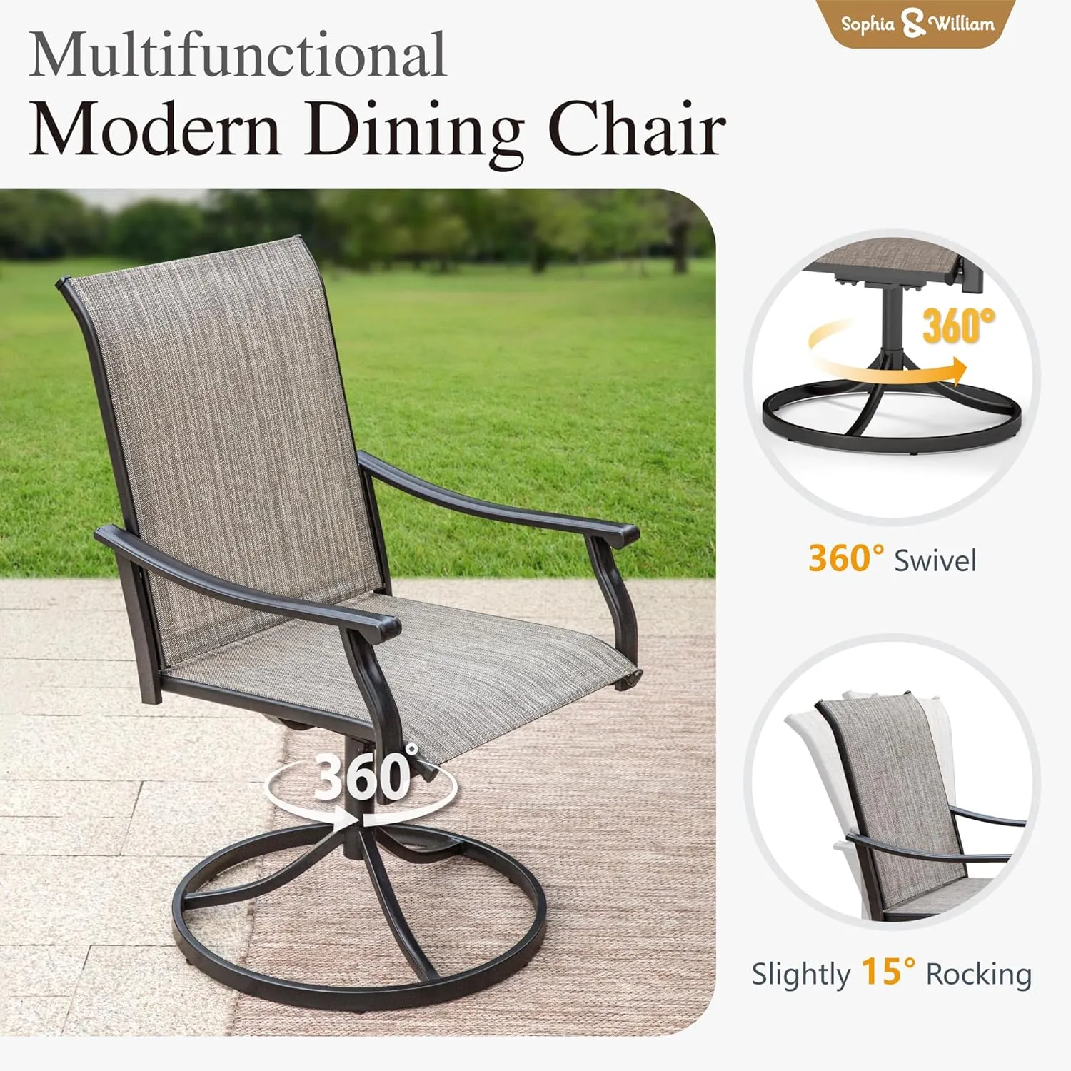 Sophia & William Patio Dining Chairs Set of 2, Outdoor Swivel Chairs with Breathable Textilene Fabric, Rustproof for Lawn Garden Support 350lbs