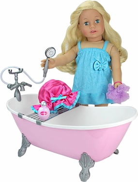 Sophia's Classic White Clawfoot Bathtub with Handheld Shower Head and Faucet Furniture Accessories Set for 18" Dolls, Light Pink and Blue Accessories Set