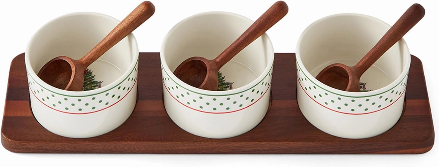 Spode Christmas Tree Condiment Set - 7 Piece Holiday Serveware Set - Ceramic Dip Bowls, Spoons, Serving Tray Included - Appetizers, Sauces, and Snacks - Polka Dot, Festive Entertaining