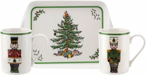 Spode Christmas Tree Nutcracker 10oz Mug & 8" Tray Set (3-Piece Set) - Festive Porcelain Mugs with Melamine Tray, Dishwasher & Microwave Safe - Holiday Gatherings & Entertaining