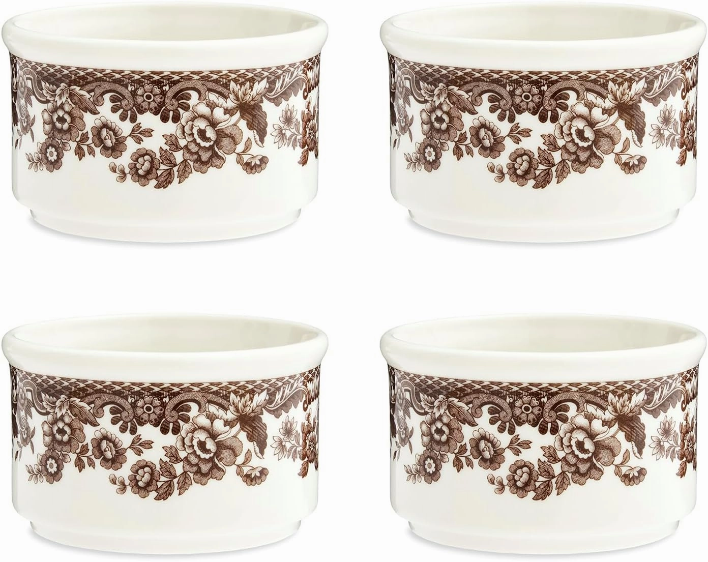 Spode Woodland 3" Ramekin - Floral Boarder (Set of 4) | Earthenware | Microwave and Dishwasher Safe | Made in England | Mini Serving Bowls for Snacks, Dessert, and Mixing Ingredients