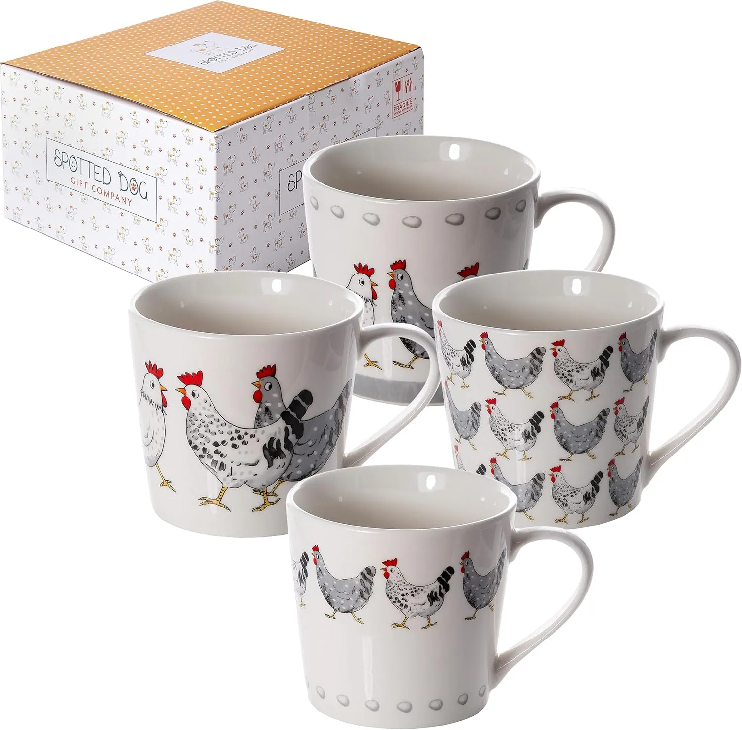 SPOTTED DOG GIFT COMPANY Chicken Mug Set of 4, Farm Coffee Mugs, Animal Themed Ceramic Tea Cups, Microwave Dishwasher Safe, Cute Kitchen Gifts for Chicken Lovers Owners - 13oz
