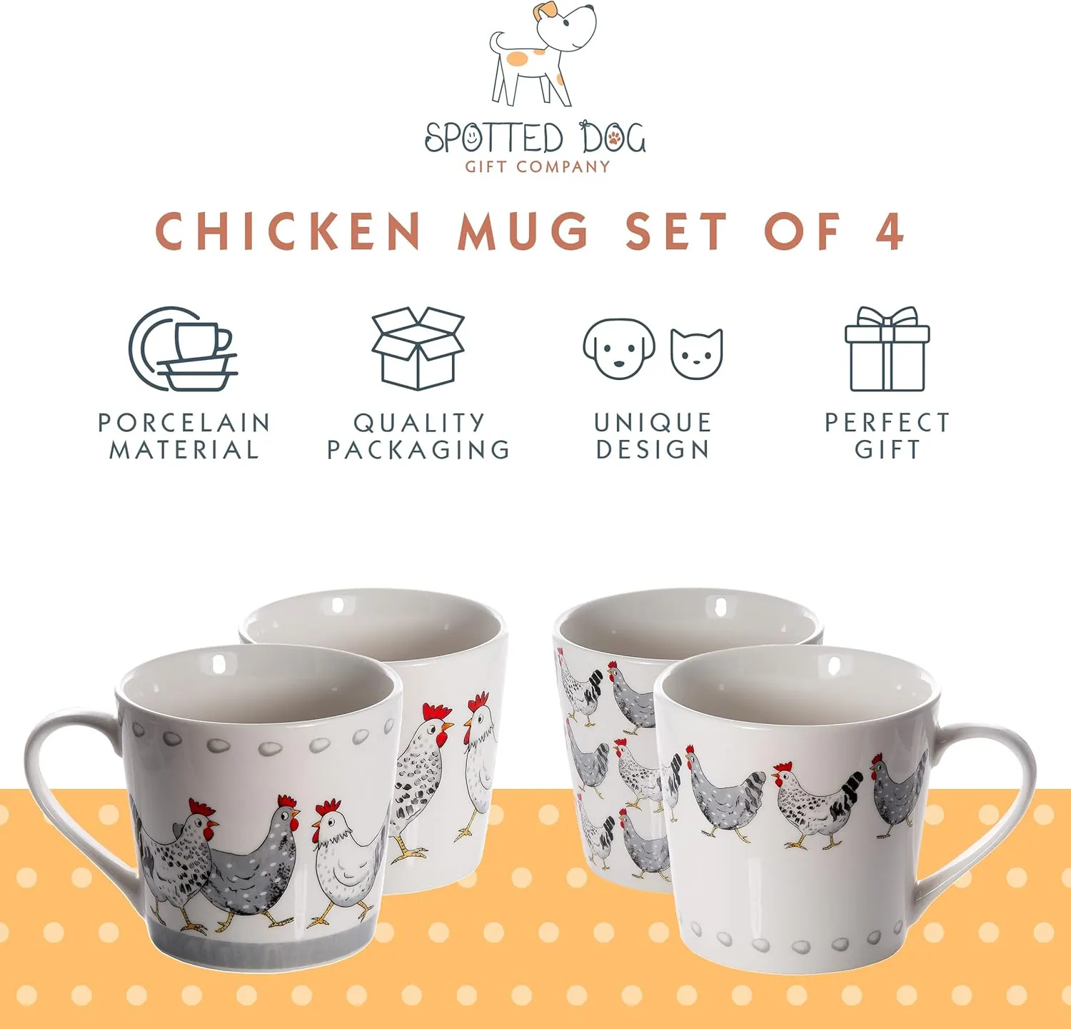 SPOTTED DOG GIFT COMPANY Chicken Mug Set of 4, Farm Coffee Mugs, Animal Themed Ceramic Tea Cups, Microwave Dishwasher Safe, Cute Kitchen Gifts for Chicken Lovers Owners - 13oz