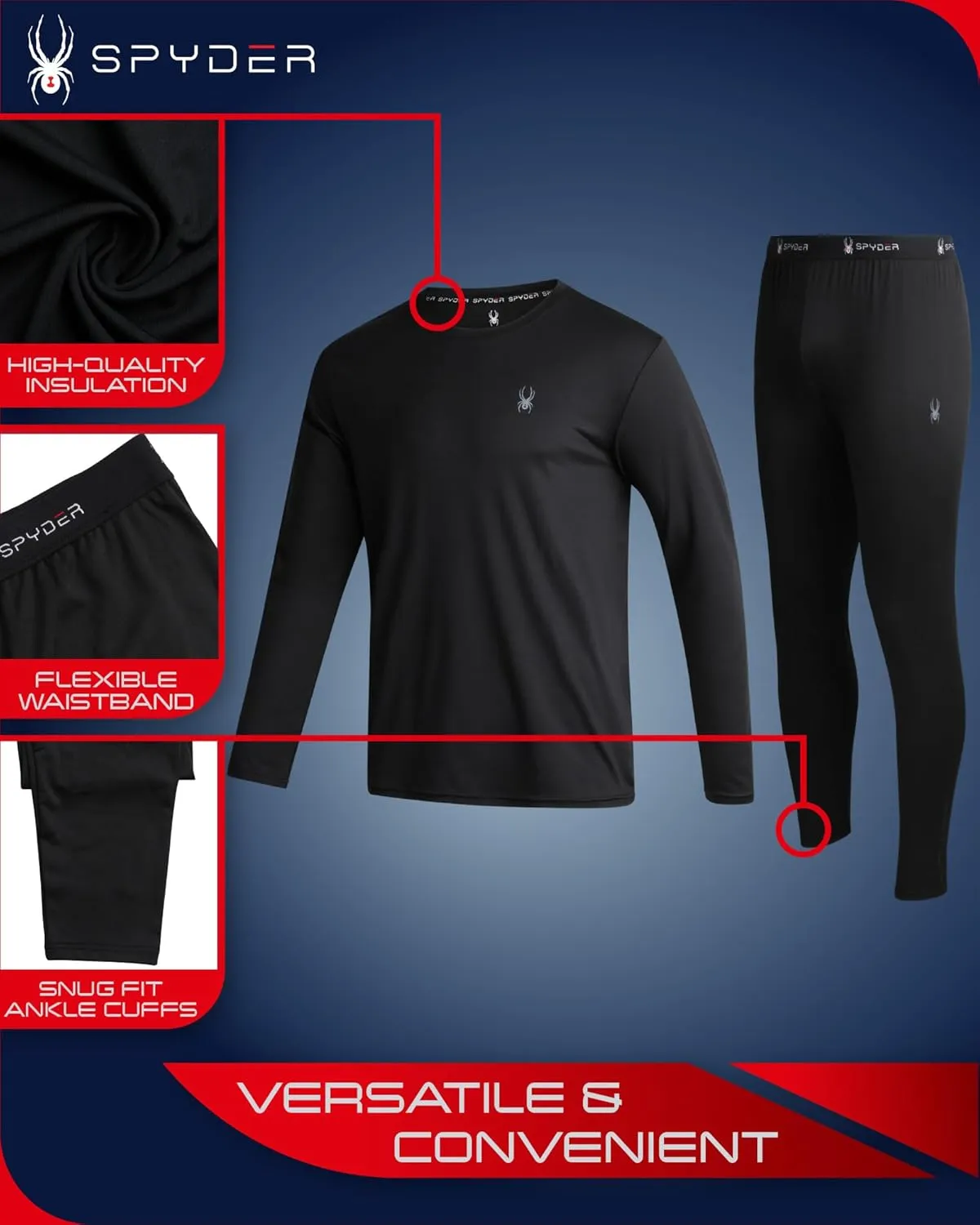 Spyder Men's Thermal Underwear Set - 4 Piece Brushed Back Fleece Lined Long Johns Base Layer Set for Men (Sizes: S-XL)