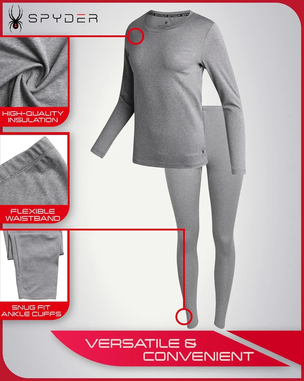 Spyder Women's Thermal Underwear Set - 4 Piece Brushed Back Fleece Lined Long Johns Base Layer Set for Women (Sizes: S-XL)