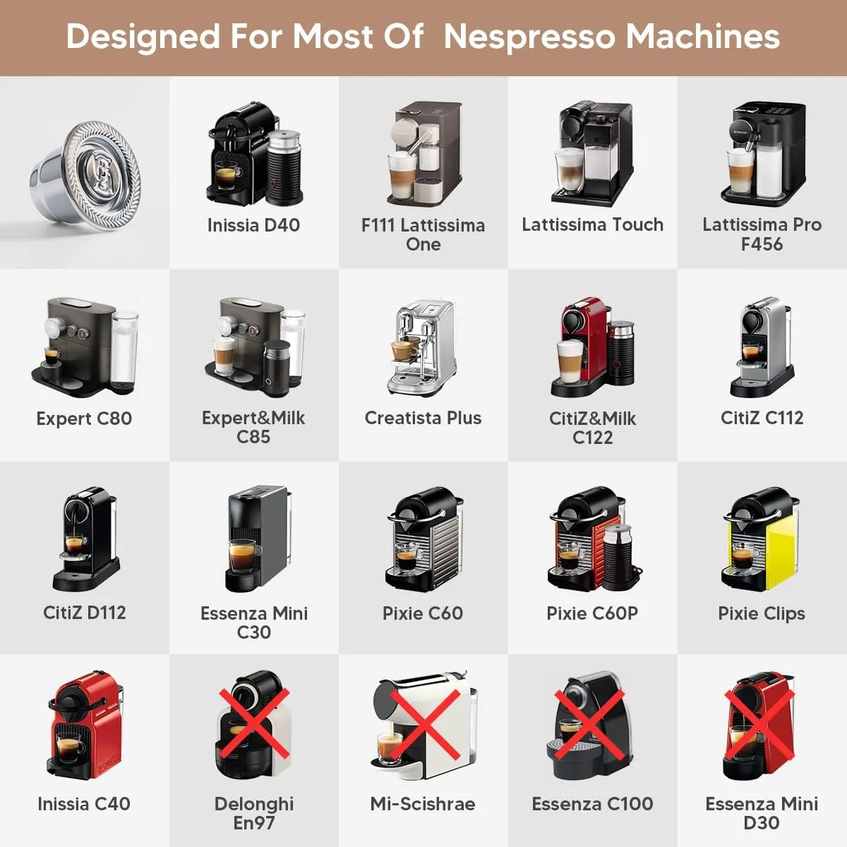 Stainless Steel Reusable Nespresso Capsules Permanent Coffee Pod Holder Compatible for Nespresso Machines (Silver capsules tamper)