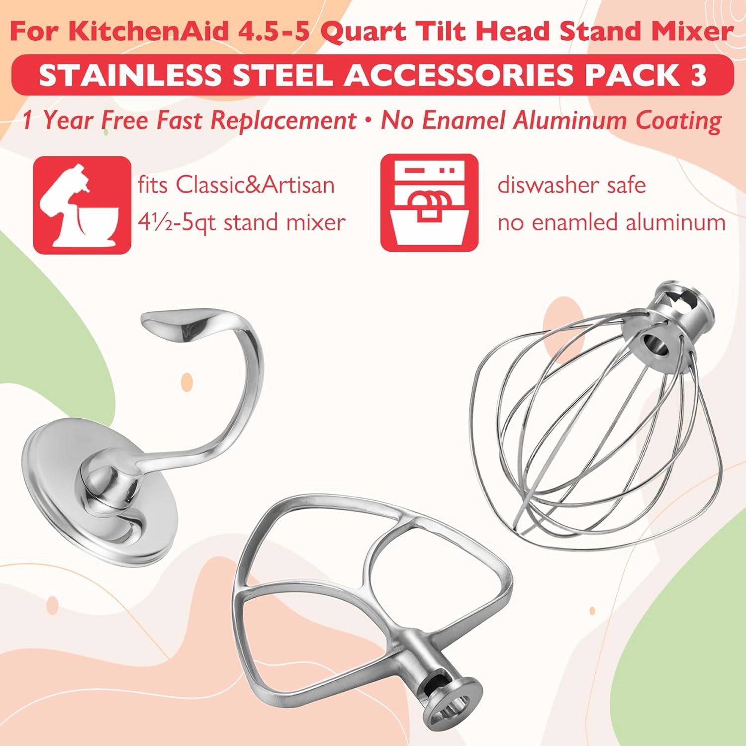 Stainless Steel Accessories for KitchenAid 4.5-5 Qt Tilt Head Stand Mixer, Includes 6 Wire Whisk, Flat Beater, Dough Hook for KitchenAid, Dishwasher Safe and Heavy Duty, Fits for KSM45, KSM150