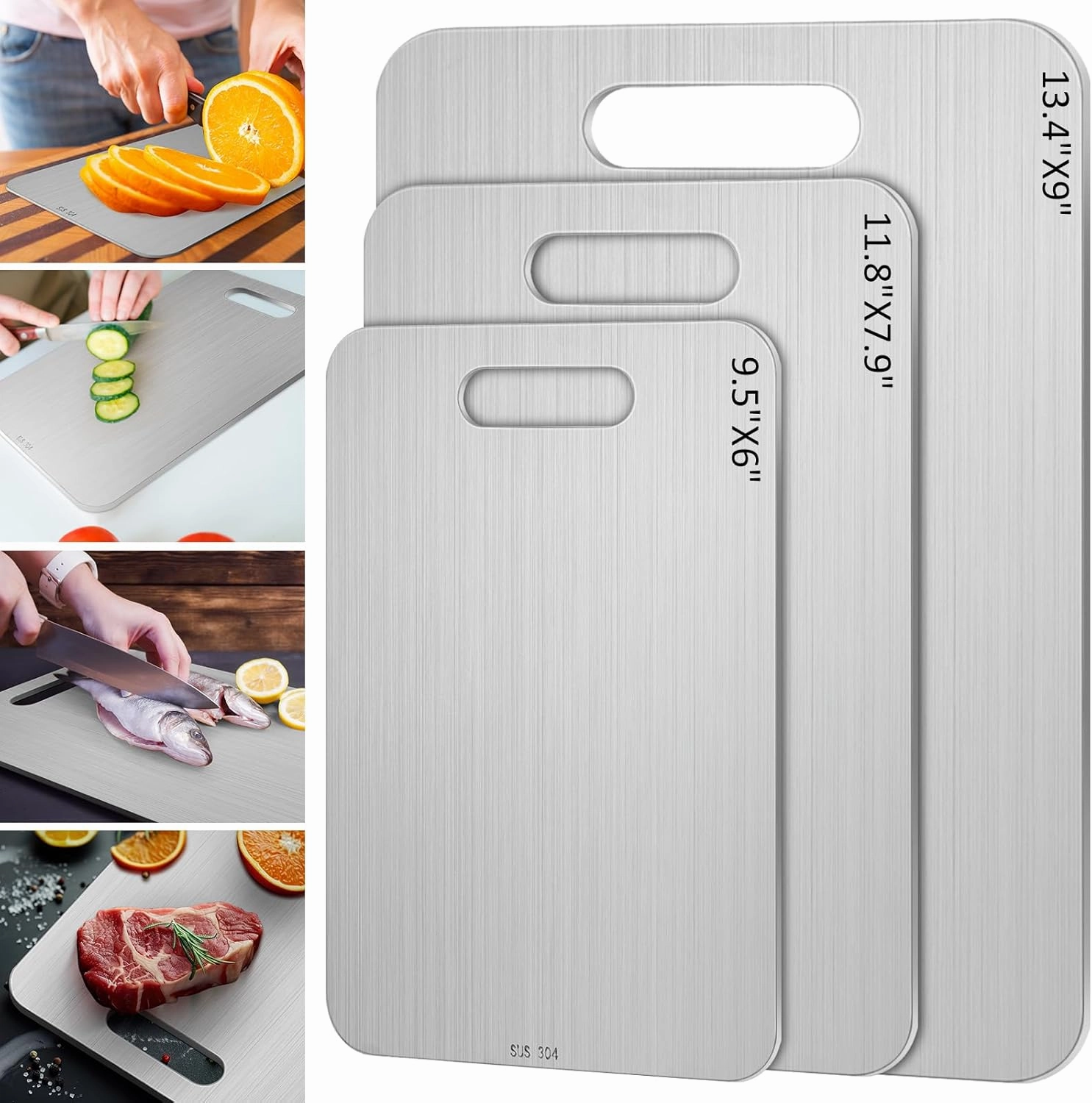 Stainless Steel Cutting Board for Kitchen 304 Steel Chopping Dishwasher Safe Metal Cutting Board Set for Kitchen Meat Fruit Vegetable(3 Pcs,13.4"x9",11.8"x7.9",9.5"x6"-0.04")