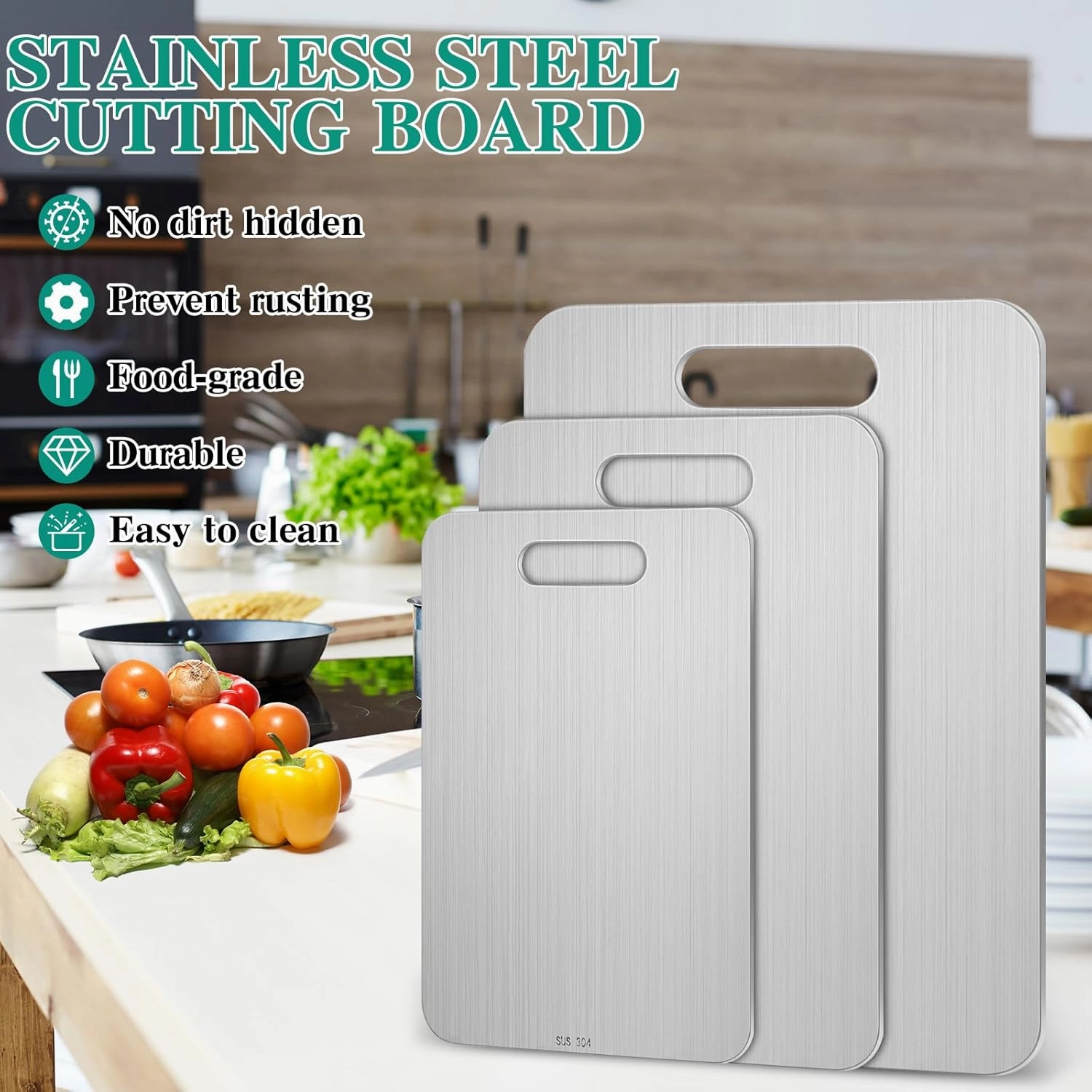 Stainless Steel Cutting Board for Kitchen 304 Steel Chopping Dishwasher Safe Metal Cutting Board Set for Kitchen Meat Fruit Vegetable(3 Pcs,13.4"x9",11.8"x7.9",9.5"x6"-0.04")