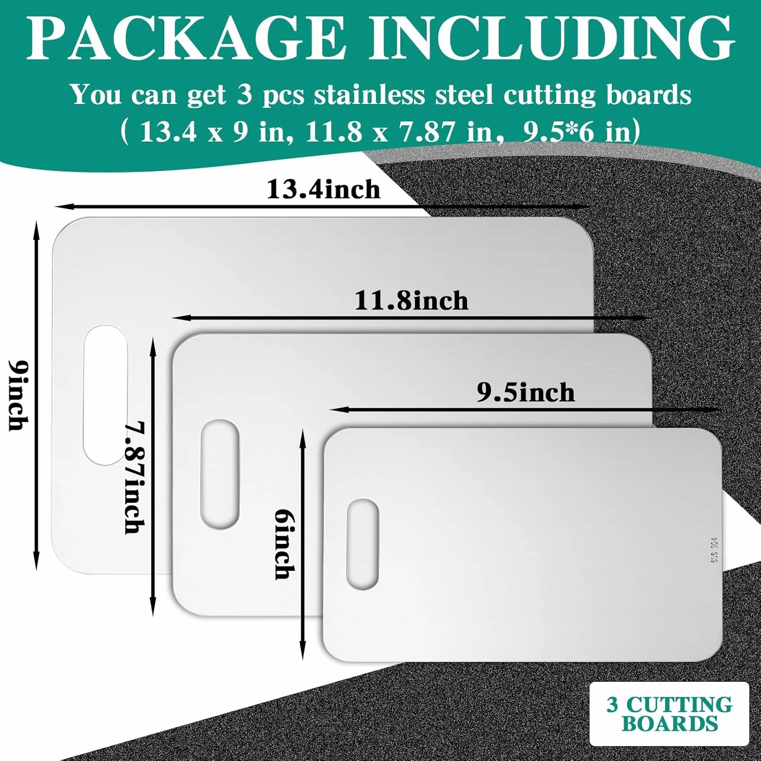 Stainless Steel Cutting Board for Kitchen 304 Steel Chopping Dishwasher Safe Metal Cutting Board Set for Kitchen Meat Fruit Vegetable(3 Pcs,13.4"x9",11.8"x7.9",9.5"x6"-0.04")