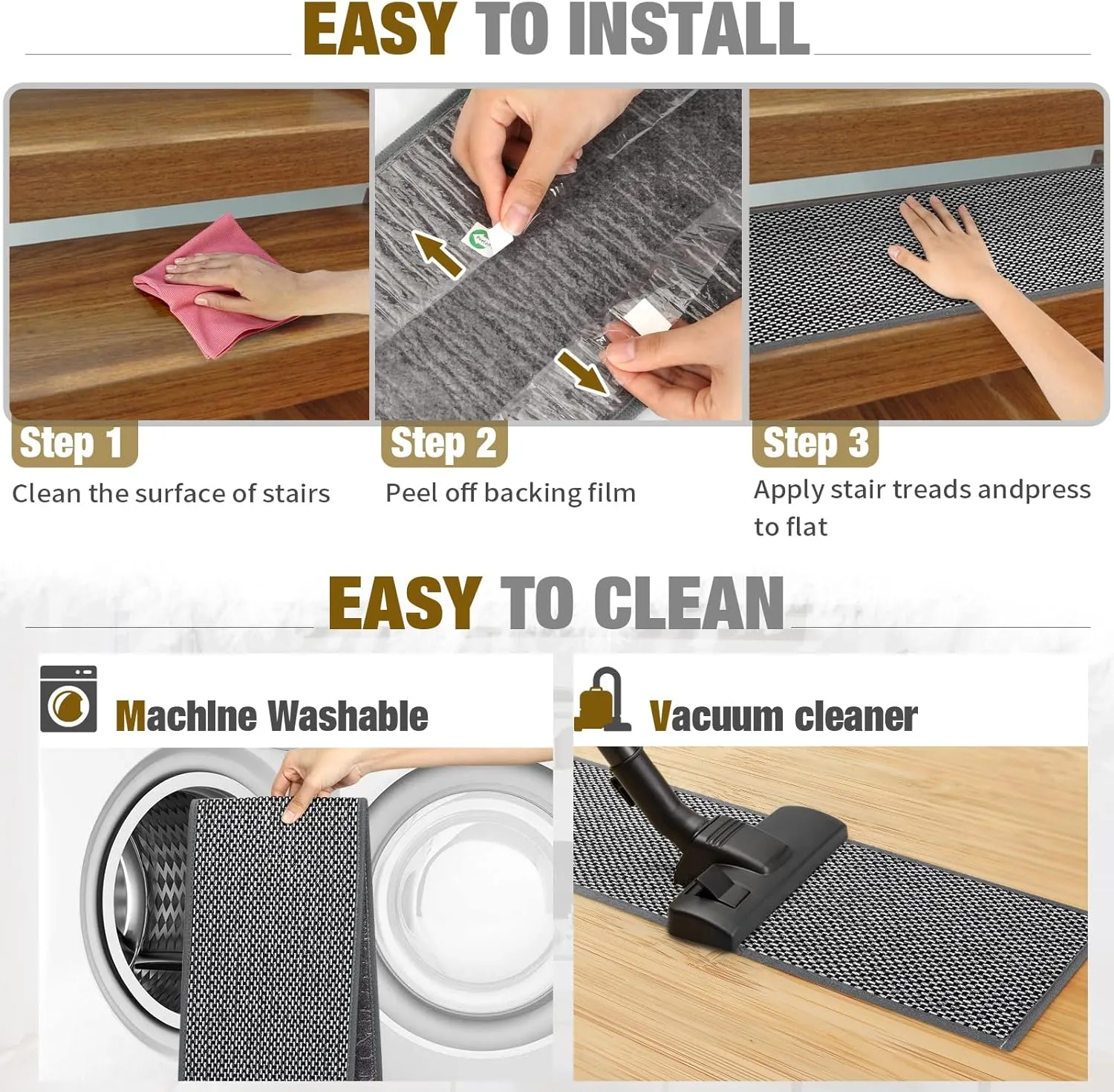 Stair Treads Non Slip for Wooden Steps Indoor 4 Pack 8" X 30" Carpet Stairs Runner for Wood Stairs, Stair Tread Rugs with Reusable Adhesive for Dogs Kids Elders, Machine Washable, Black and White