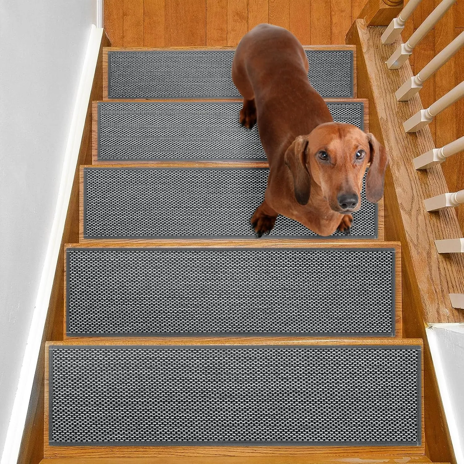 Stair Treads Non Slip for Wooden Steps Indoor 4 Pack 8" X 30" Carpet Stairs Runner for Wood Stairs, Stair Tread Rugs with Reusable Adhesive for Dogs Kids Elders, Machine Washable, Black and White