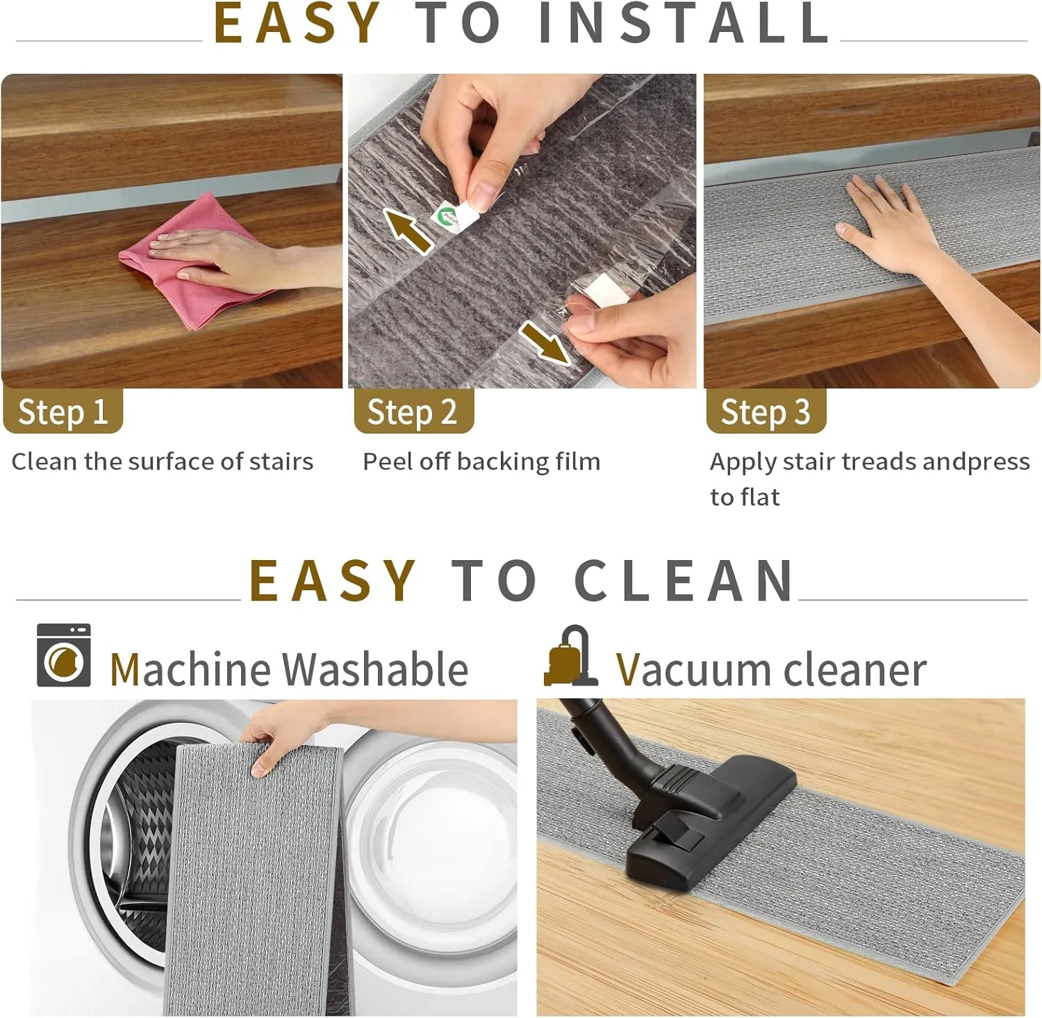 Stair Treads Non Slip for Wooden Steps Indoor 4 Pack 8" X 30" Carpet Stairs Runner for Wood Stairs, Stair Tread Rugs with Reusable Adhesive for Dogs Kids Elders, Machine Washable, Light Grey