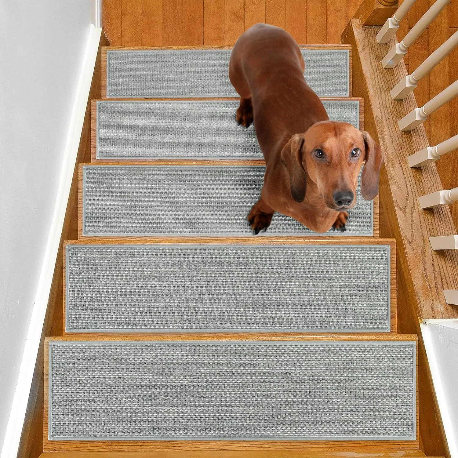 Stair Treads Non Slip for Wooden Steps Indoor 4 Pack 8" X 30" Carpet Stairs Runner for Wood Stairs, Stair Tread Rugs with Reusable Adhesive for Dogs Kids Elders, Machine Washable, Light Grey
