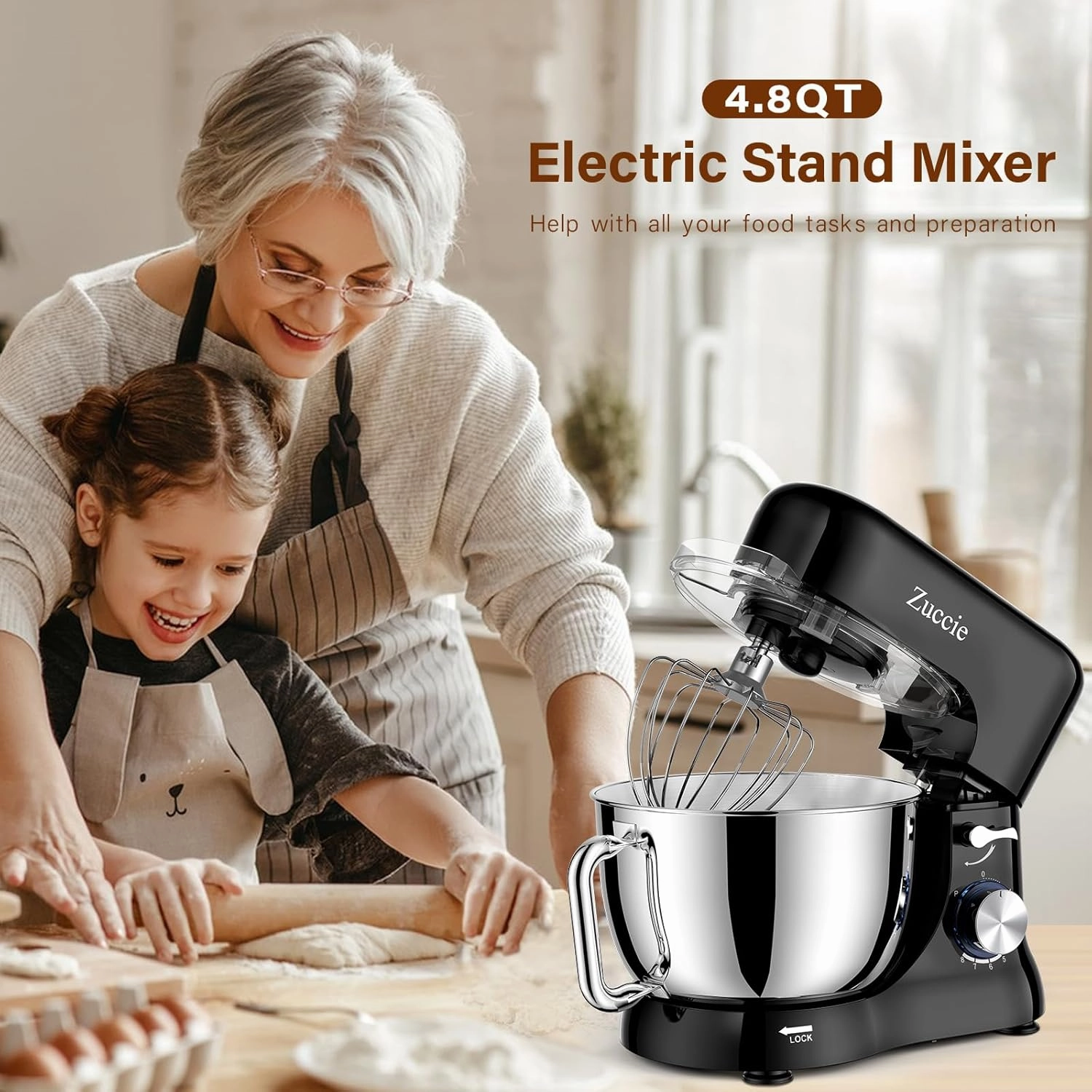 Stand Mixer, Zuccie 4.8QT Kitchen Electric Stand Mixer, 380W Motor Power Food Mixer, 8 P-Speed Dough Mixer with Dough Hook, Wire Whip & Beater, Black