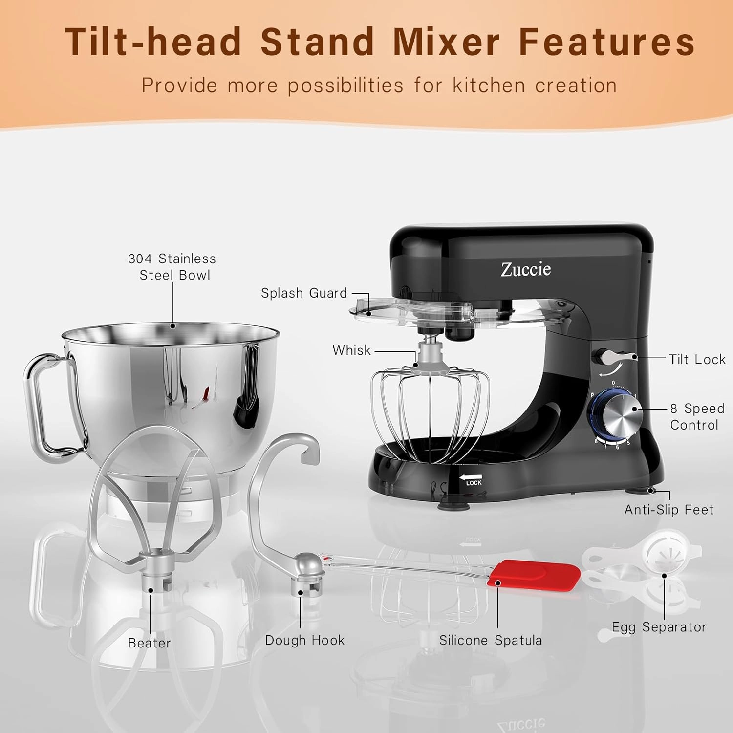Stand Mixer, Zuccie 4.8QT Kitchen Electric Stand Mixer, 380W Motor Power Food Mixer, 8 P-Speed Dough Mixer with Dough Hook, Wire Whip & Beater, Black
