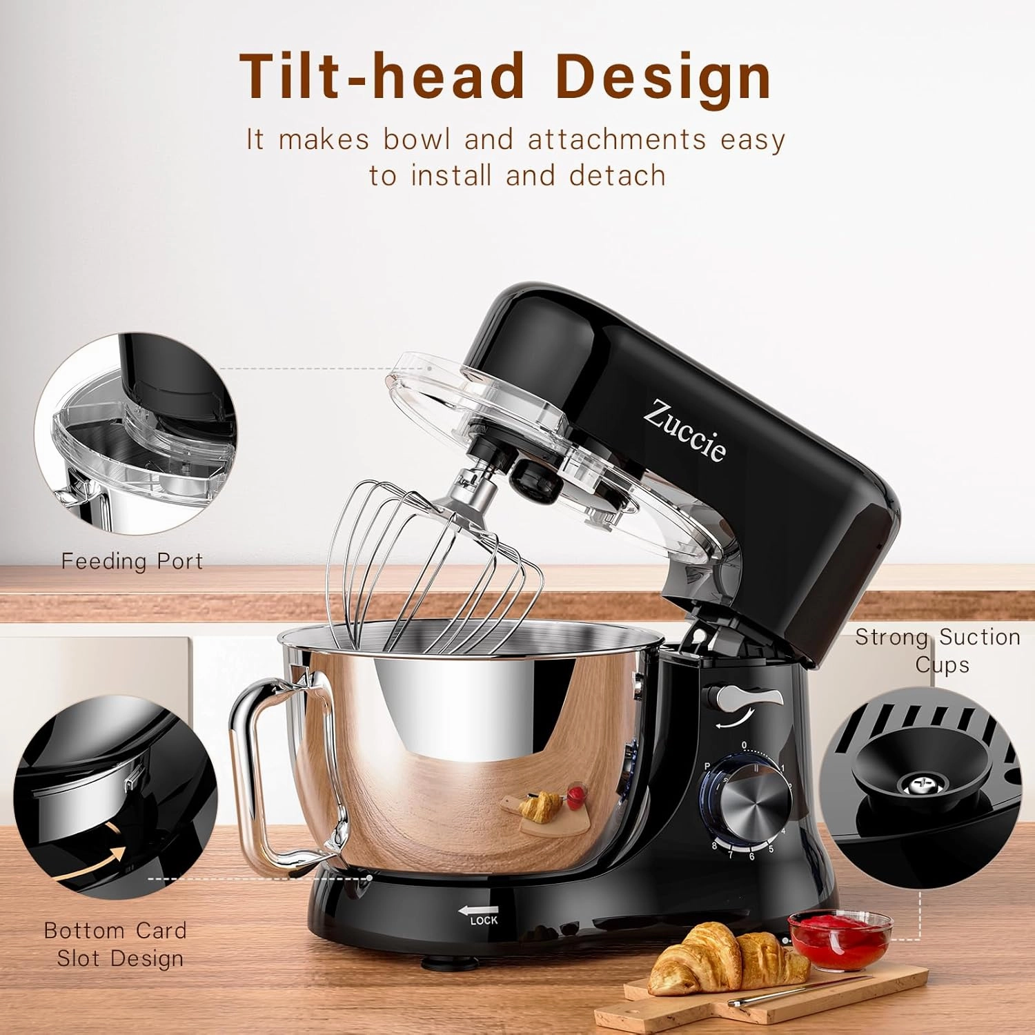 Stand Mixer, Zuccie 4.8QT Kitchen Electric Stand Mixer, 380W Motor Power Food Mixer, 8 P-Speed Dough Mixer with Dough Hook, Wire Whip & Beater, Black