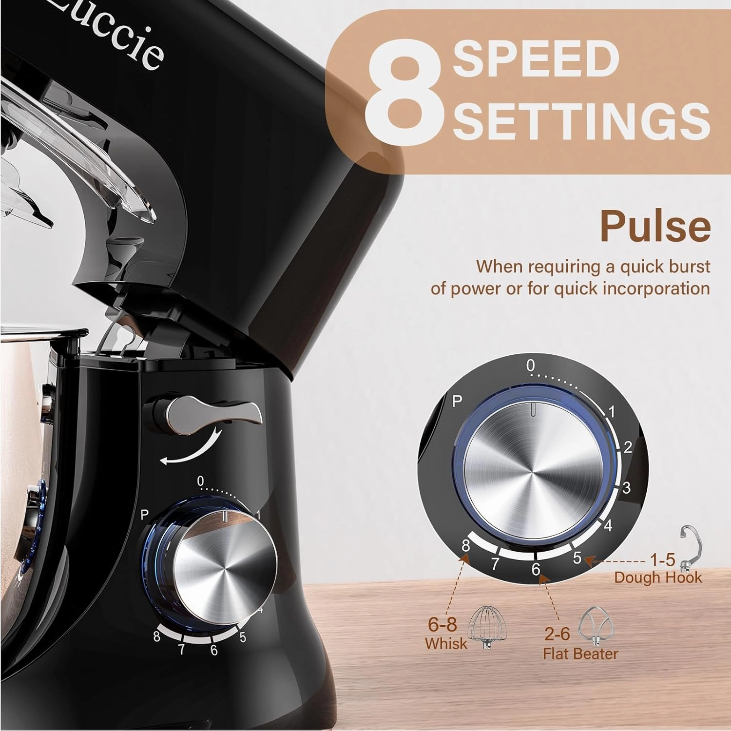 Stand Mixer, Zuccie 4.8QT Kitchen Electric Stand Mixer, 380W Motor Power Food Mixer, 8 P-Speed Dough Mixer with Dough Hook, Wire Whip & Beater, Black