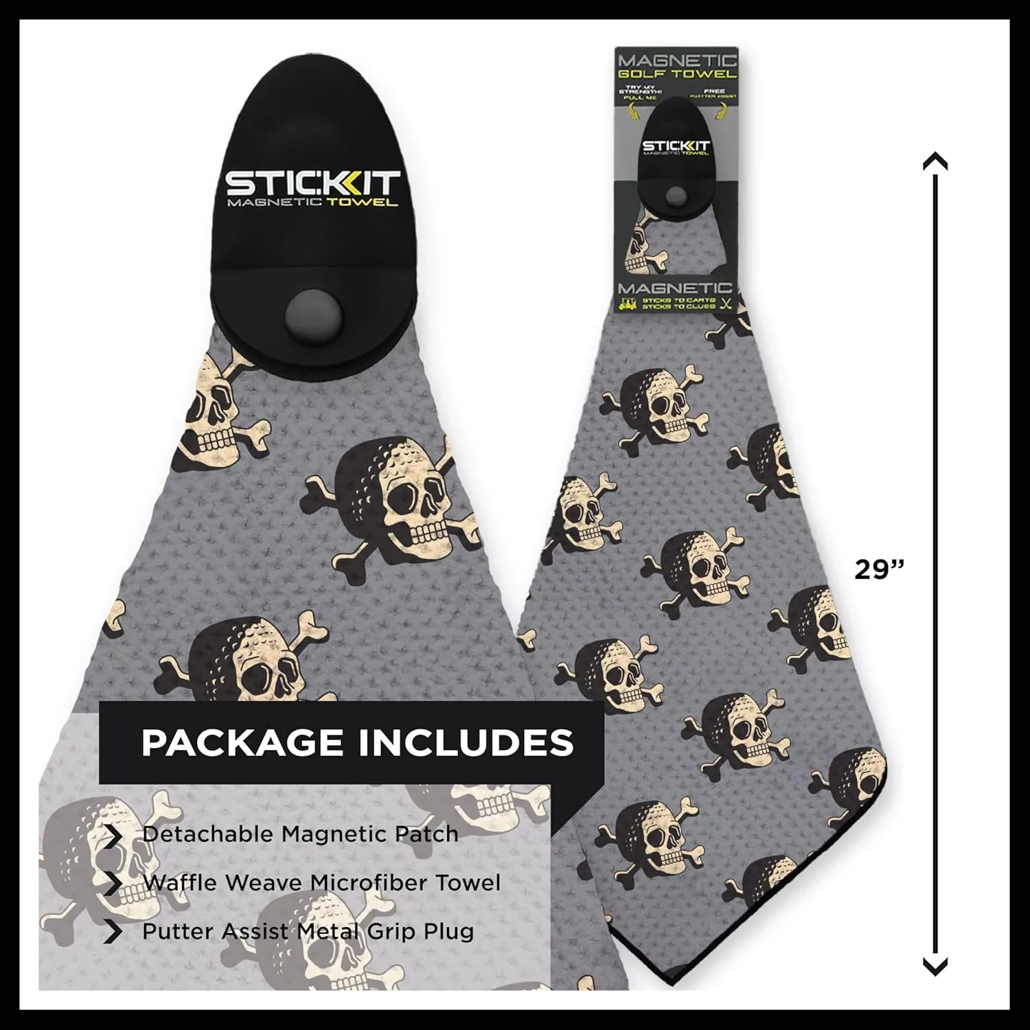 STICKIT The Original Magnetic Golf Towel with Gray Skulls | Top-Tier Microfiber Golf Towel with Deep Waffle Pockets | Industrial Strength Magnet for Strong Hold to Golf Carts or Clubs
