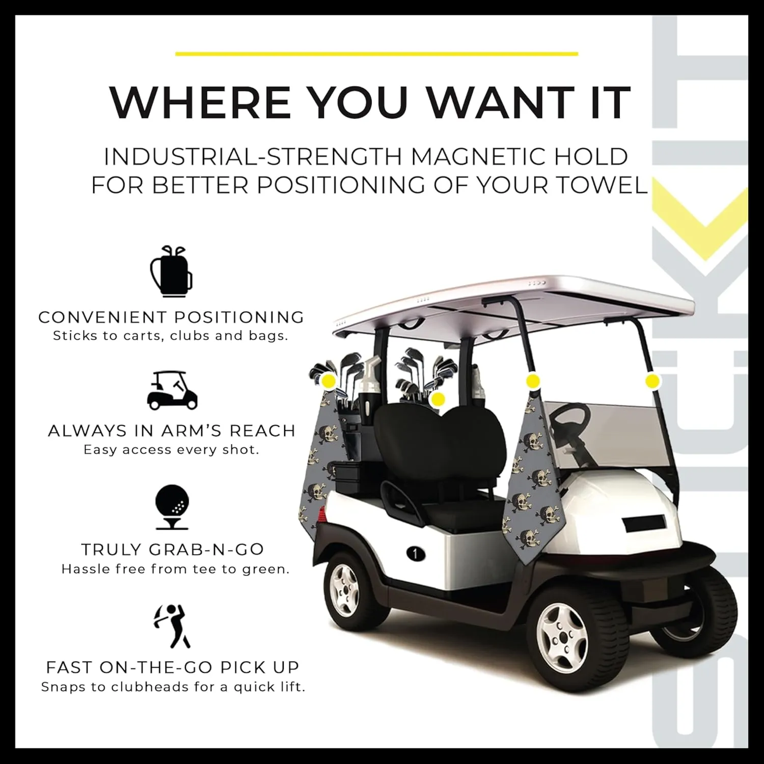 STICKIT The Original Magnetic Golf Towel with Gray Skulls | Top-Tier Microfiber Golf Towel with Deep Waffle Pockets | Industrial Strength Magnet for Strong Hold to Golf Carts or Clubs