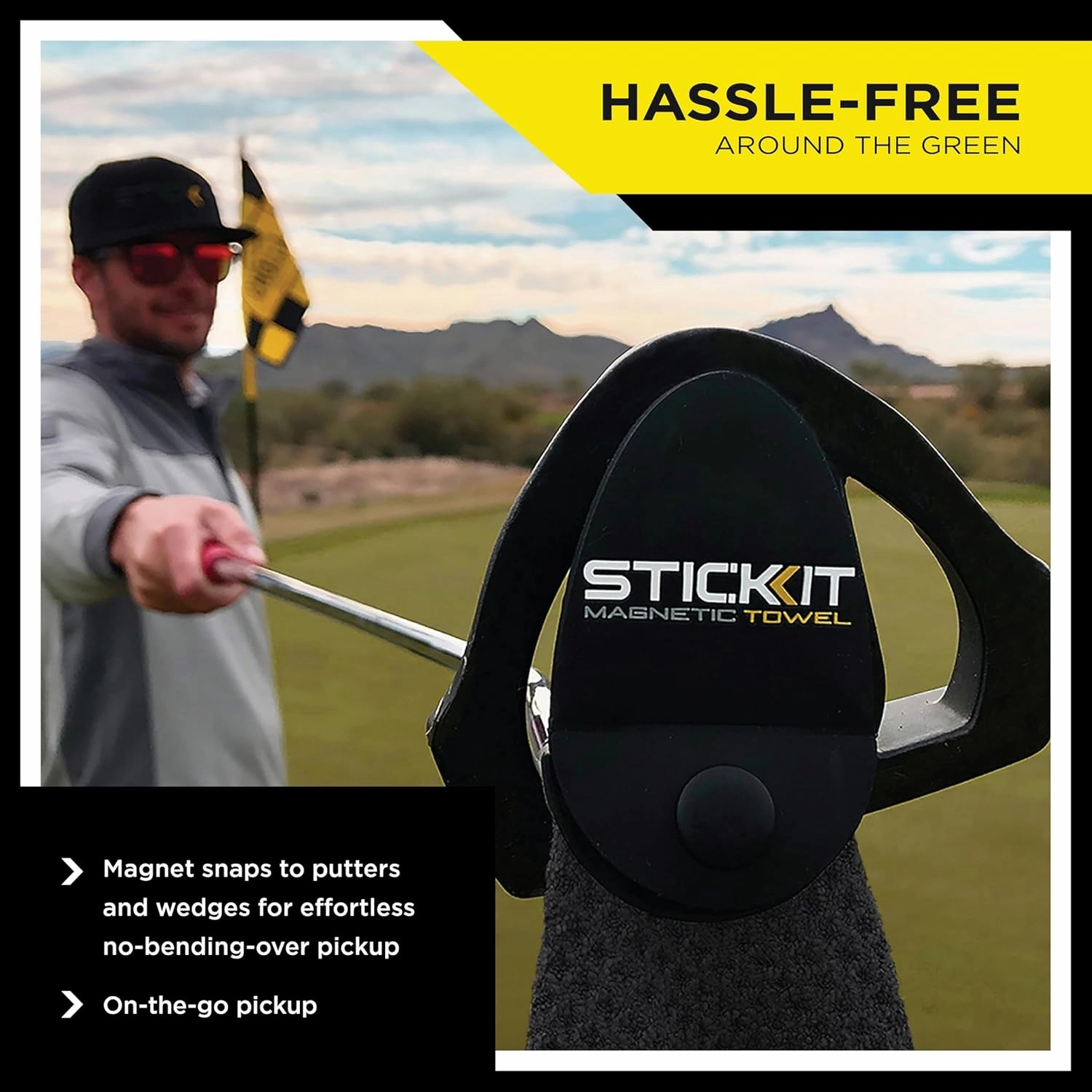 STICKIT Magnetic Towel, Black | Top-Tier Microfiber Golf Towel with Deep Waffle Pockets | Industrial Strength Magnet for Strong Hold to Golf Carts or Clubs