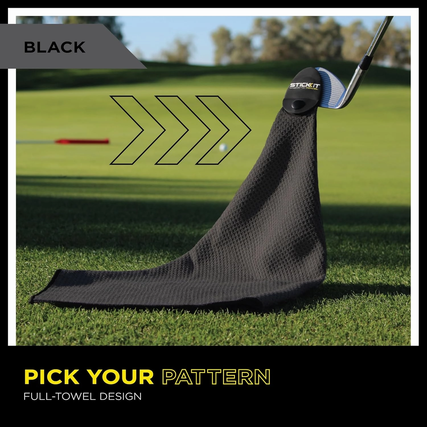 STICKIT Magnetic Towel, Black | Top-Tier Microfiber Golf Towel with Deep Waffle Pockets | Industrial Strength Magnet for Strong Hold to Golf Carts or Clubs